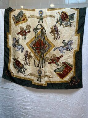 Italian vintage 100% silk green horse equestrian baroque scarf